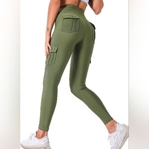 COMFY ONE Butt Lift Leggings with 4 Pockets for Women Cargo Elastic Waist Medium